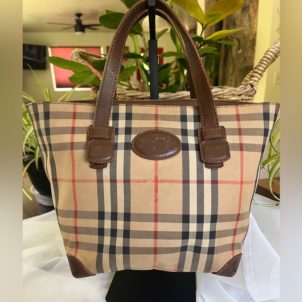 Burberrys Tan and Brown Leather Trim Tote